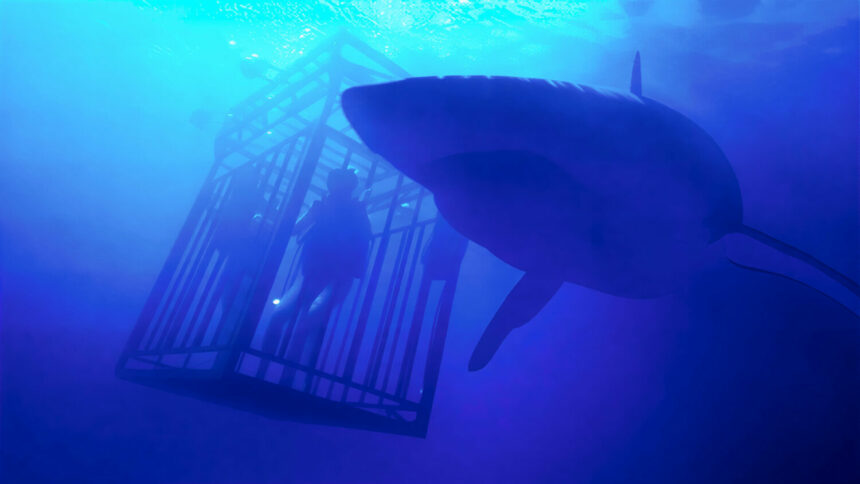 Deux plongeuses en cage entourées de grands requins blancs dans le film 47 Meters Down.