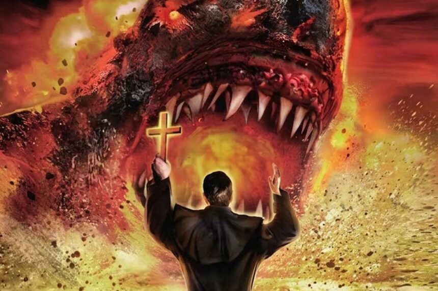 Un prêtre lève un crucifix face à une gueule de requin démoniaque et géante émergeant de flammes rouges et d'un sol sablonneux, sous un ciel apocalyptique.