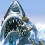 Affiche officielle du film Jaws: The Revenge (1987) montrant un grand requin blanc géant attaquant le bateau de pêche Neptune aux Bahamas.