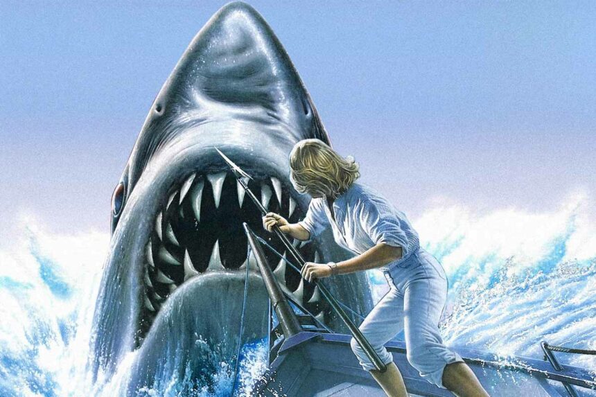 Affiche officielle du film Jaws: The Revenge (1987) montrant un grand requin blanc géant attaquant le bateau de pêche Neptune aux Bahamas.
