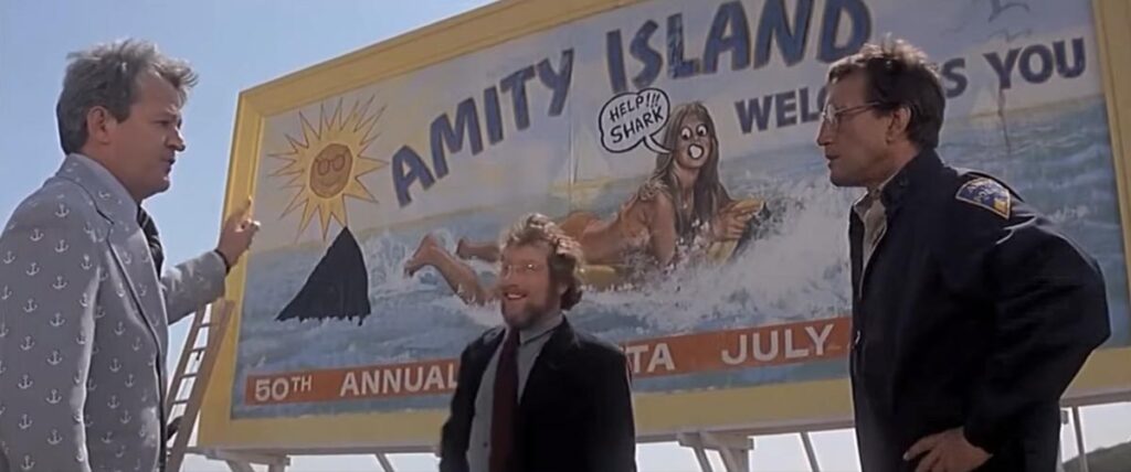 Murray Hamilton, Richard Dreyfuss et Roy Scheider dans Jaws (1975).